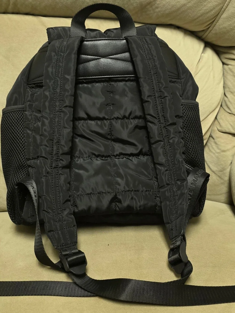 Steve Madden Black Quilted Nylon Backpack with Front Zip Pocket